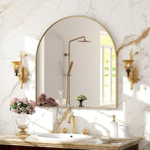 32 in. W x 34 in. H Arch Metal Framed Wall Bathroom Vanity Mirror Gold