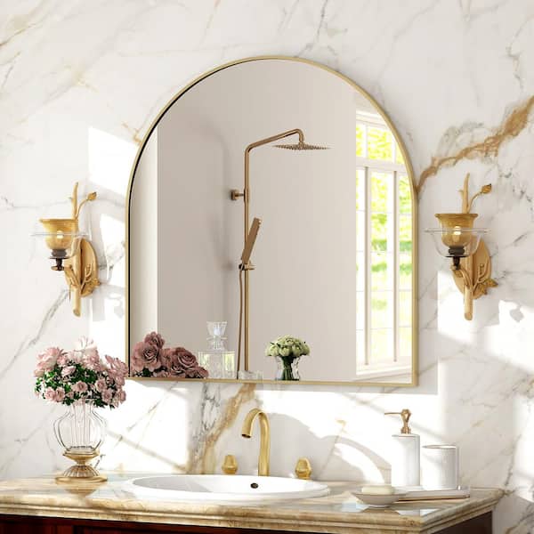 GLSLAND 32 in. W x 34 in. H Arch Metal Framed Wall Bathroom Vanity Mirror Gold
