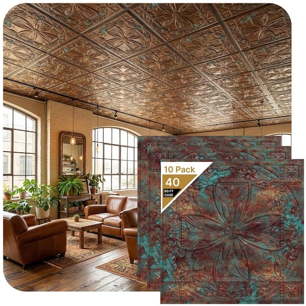 Decoraids 24x24 PVC Ceiling Tile – Rustic Patina, 10-Pack (40 Sq Ft), Glue-Up Or Lay-In For Drop Ceilings, Class A Fire Rated