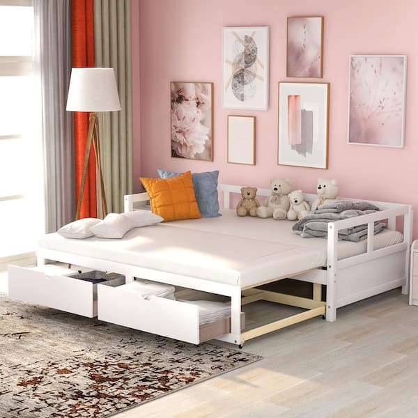 Polibi White Wooden Daybed with Trundle and 2 Storage Drawers, Extendable Bed