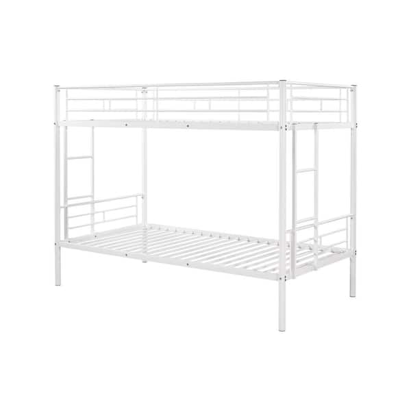 URTR White Twin Over Twin Bunk Bed with Metal Frame and Slats Simple ...