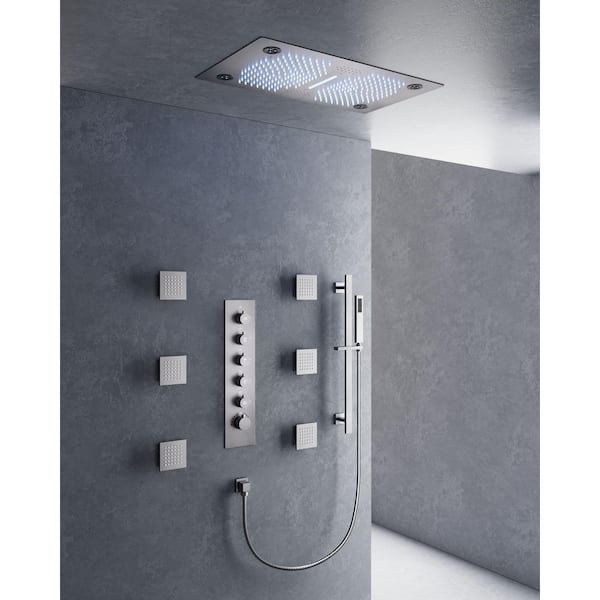 Thermostatic 31-Spray 28 x 16 in. Rectangle LED Mood Lighting Bluetooth Music Shower System in Brushed Nickel
