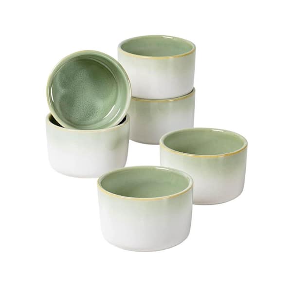 6-Piece Light Green Stoneware Ramekin Baking Set Oven Safe Reactive Glaze Scratch Resistant for Custard Souffle