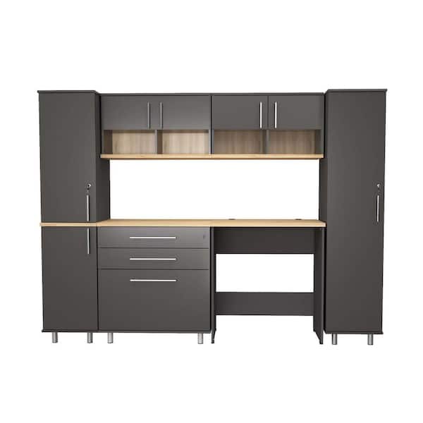 Inval KRATOS 94.4 in. W x 70.9 in. H x 19.6 in. D 18 Shelves 6-Piece Wood Garage Freestanding Cabinets in Dark Gray and Maple