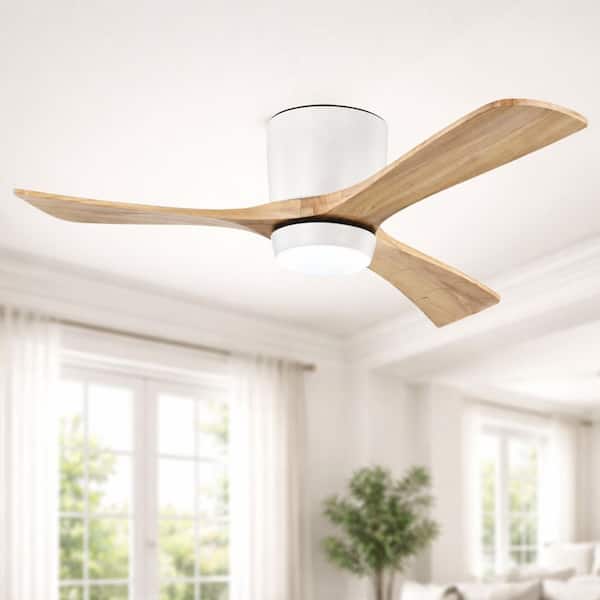 52 in. Integrated LED Indoor Flush Mount White/Oak Standard Ceiling Fan with Light and Remote 6-Speed