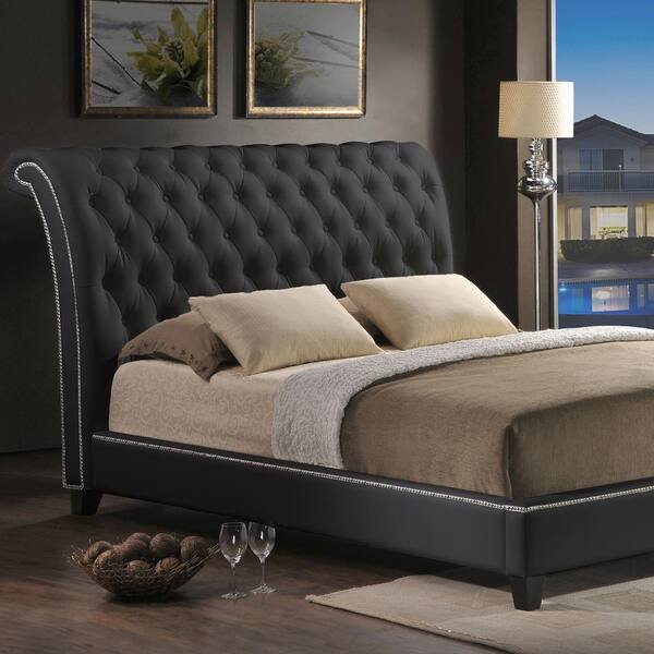 Baxton Studio Jazmin Transitional Black Faux Leather Upholstered Queen Size Bed