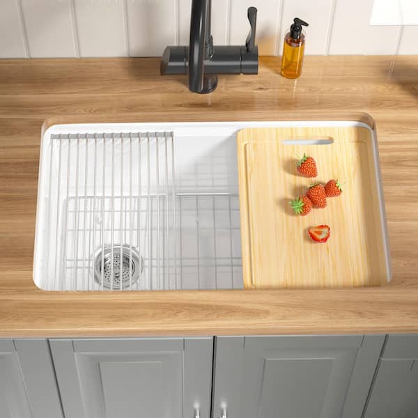 Kitchen Sink 30 in. Dual Mount Drop-In/Undermount Single Bowl White Fireclay Workstation Kitchen Sink with Cutting Board