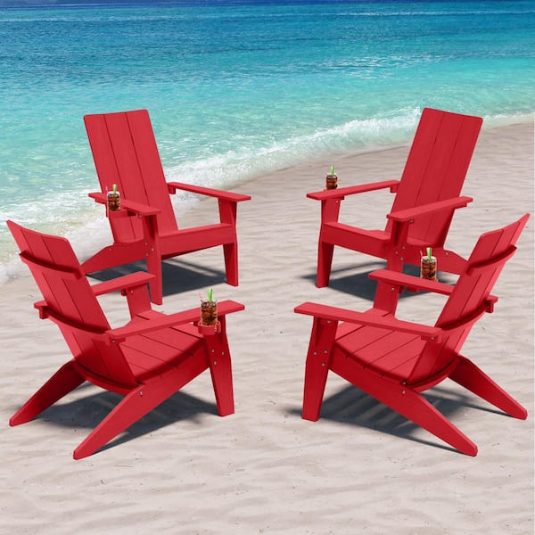 Oversize Modern Red Plastic Outdoor Patio Adirondack Chair with Cup Holder (4-Pack)