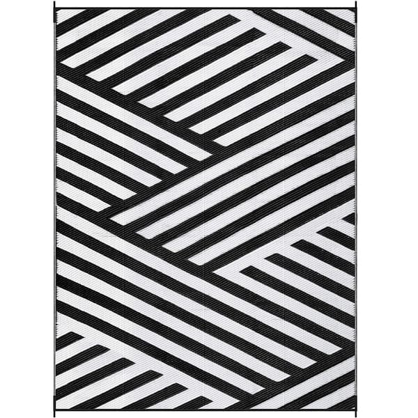 Angel Sar 6 ft. x 9 ft. Outdoor Waterproof Reversible Plastic Straw Rug for Camping Patio Porch, Black and White Diagonal Stripes
