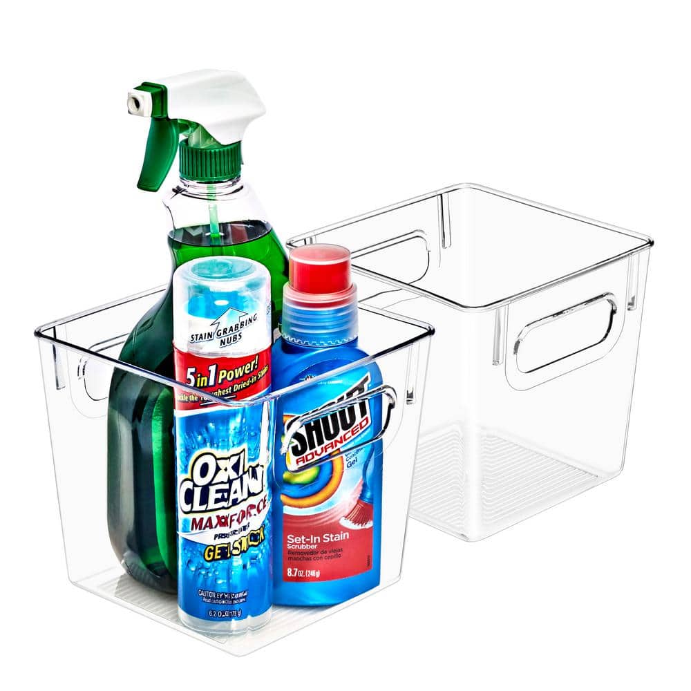 2 Pack Small Clear Plastic Storage Bins with Handles, Under Sink Organizers