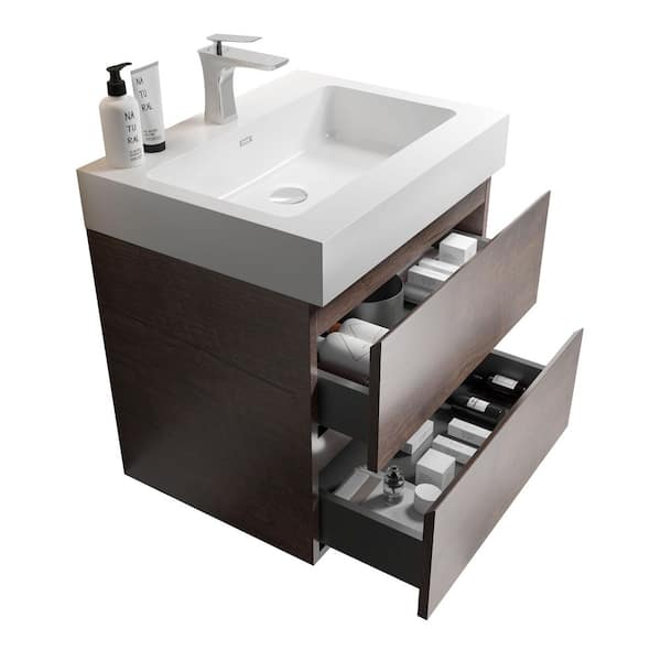 Ziyudura 24 in. Single Sink Floating Walnut Bath Vanity with White