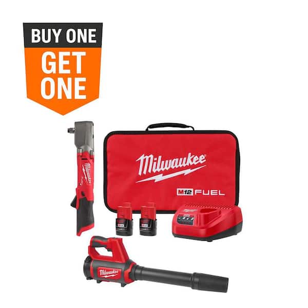 Milwaukee M12 FUEL 12V Lithium-Ion Brushless Cordless 1/2 in. Right Angle Impact Wrench Kit w Two 2.0 Ah Batteries & Spot Blower