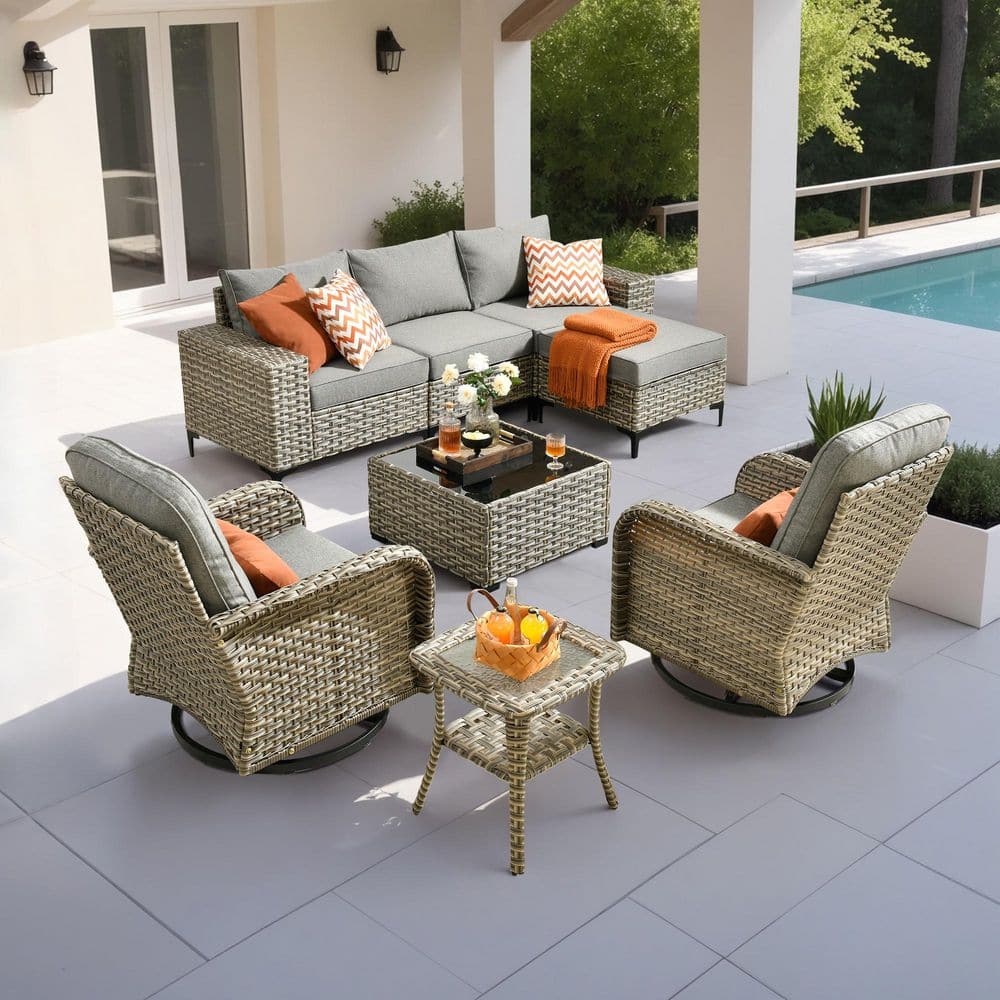 Valor 8 Pieces Wicker Outdoor Patio and Swivel Rocking Chairs with Dark Gray Cushions