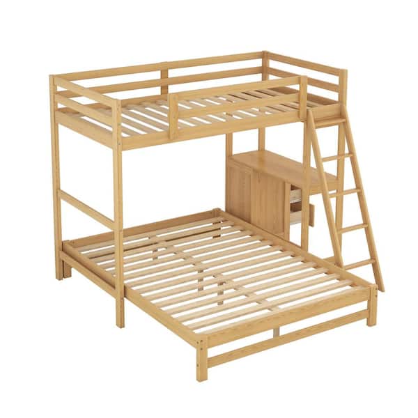 Polibi Twin Over Full Bunk Bed with Built-in Desk and 3 Drawers, Natural