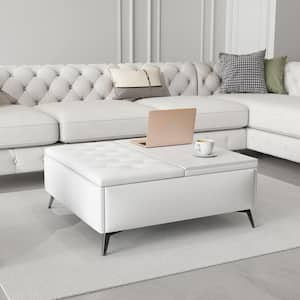 35 in. Wide Square Storage Benches, Coffee Table with Lift Top Oversized Storage Ottoman in Upholstered in White