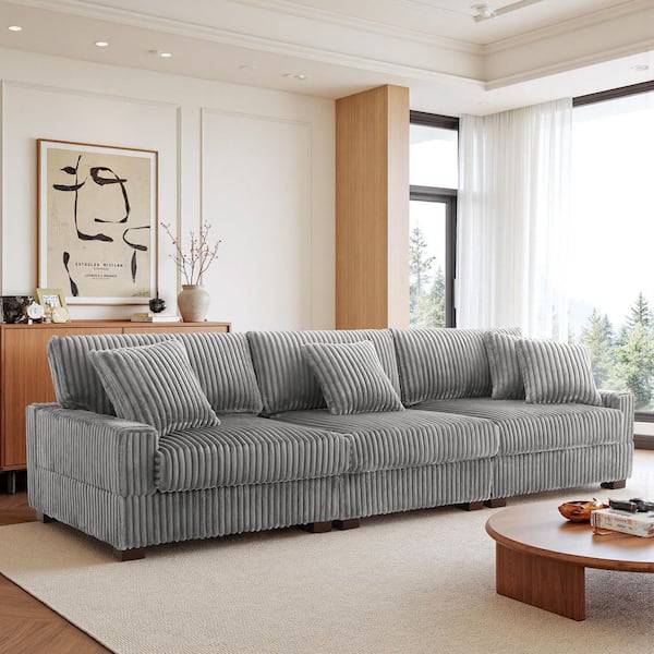 118.31 in. W Square Arm 3-Piece Faux Rabbit Fur Fabric Rectangle 3-Seats Sectional Sofa in. Light Gray