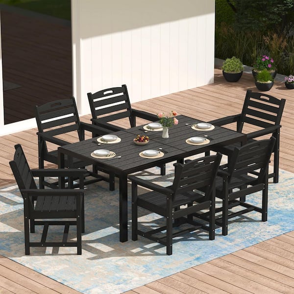7-Piece Metal Outdoor Dining Set with 6 HDPE Patio Chairs and Rectangular Table, Patio Dining Table Set for 6