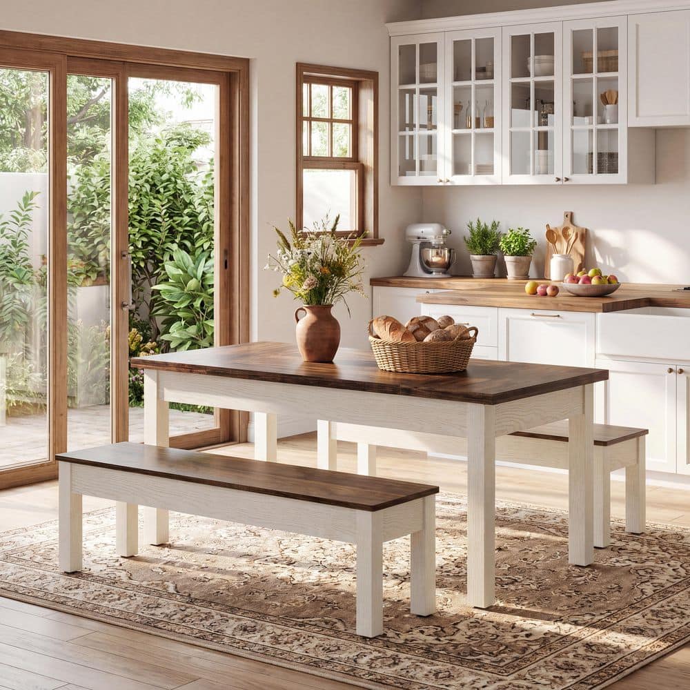BYBLIGHT 3-Piece Rectangle White and Brown Wooden Top Dining Room Set Seats 4, Dining Table Set with 2 Benches for Kitchen