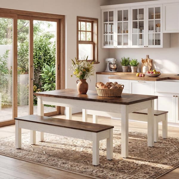 3-Piece Rectangle White and Brown Wooden Top Dining Room Set Seats 4, Dining Table Set with 2 Benches for Kitchen