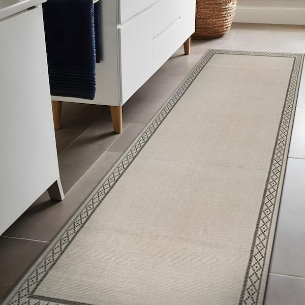 Haven 2 ft. x 7 ft. Bone Border Diamond Washable Easy Jute Modern Indoor Outdoor Runner Rug