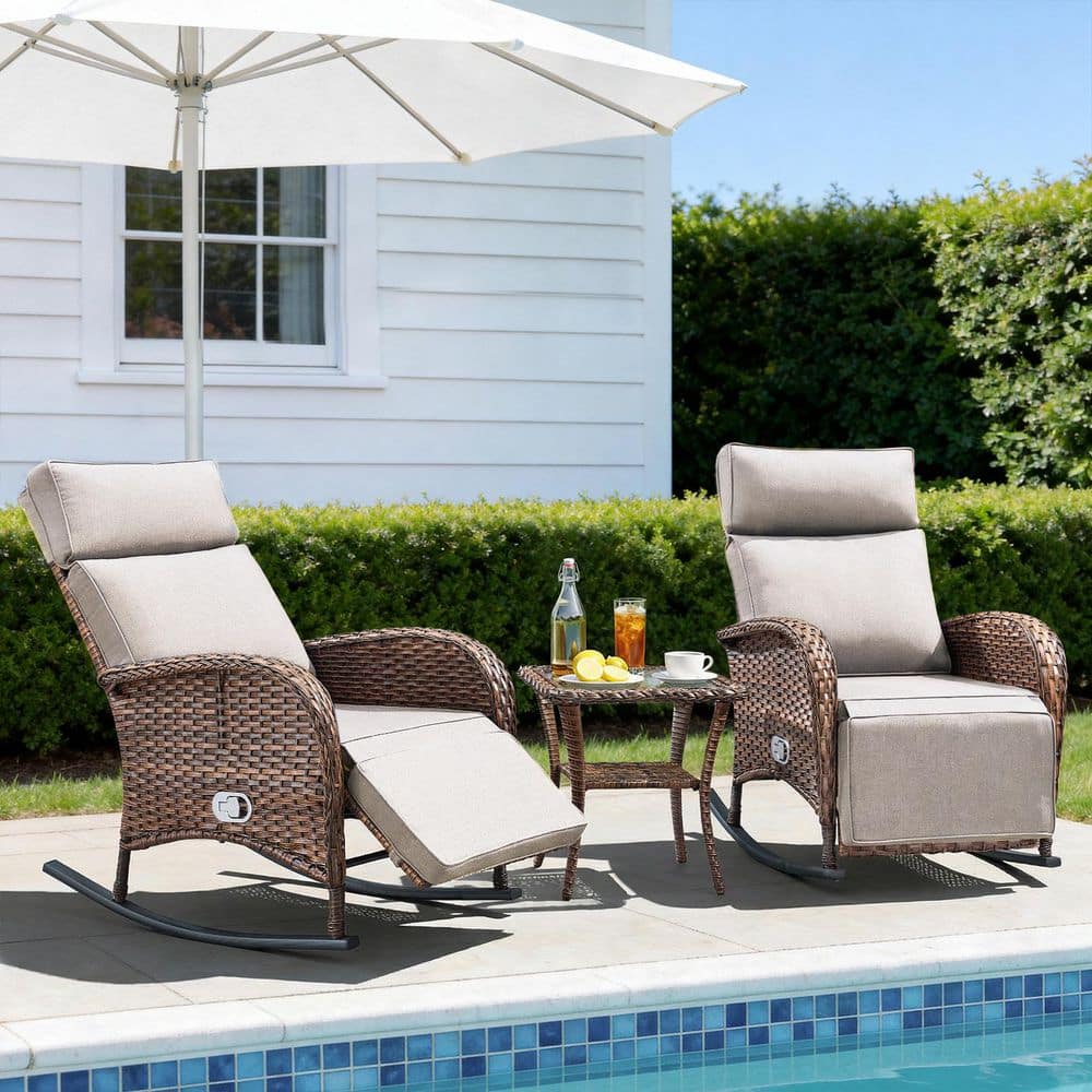Carlos Brown 3-Piece Wicker Outdoor Rocking Chair Set, Patio Reclining Lounge Rockers with Beige Cushions, Side Table price history on PriceWatchPro