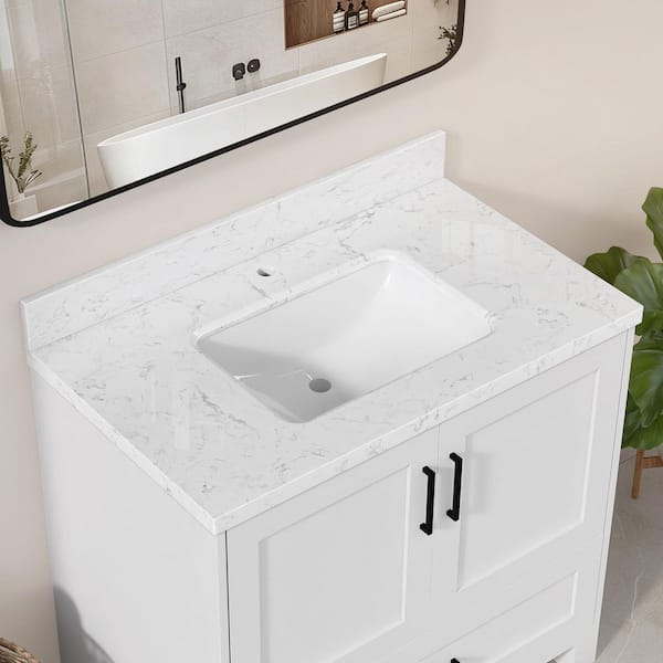 Kar 30 in. W x 22 in. D Engineered Stone Marble Rectangular Single Sink Bath Vanity Top with Backsplash in Carrara White