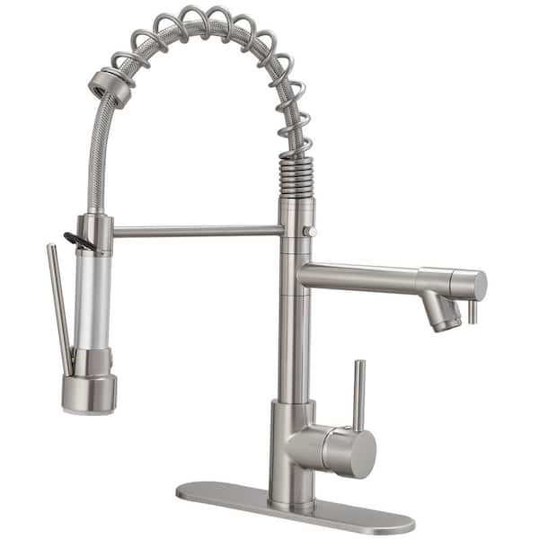 Pro Style Spring Single Handle Brushed Nickel 18.4 in. H Dual Spout Pull-Down Kitchen Faucet W/ 180 Swivel