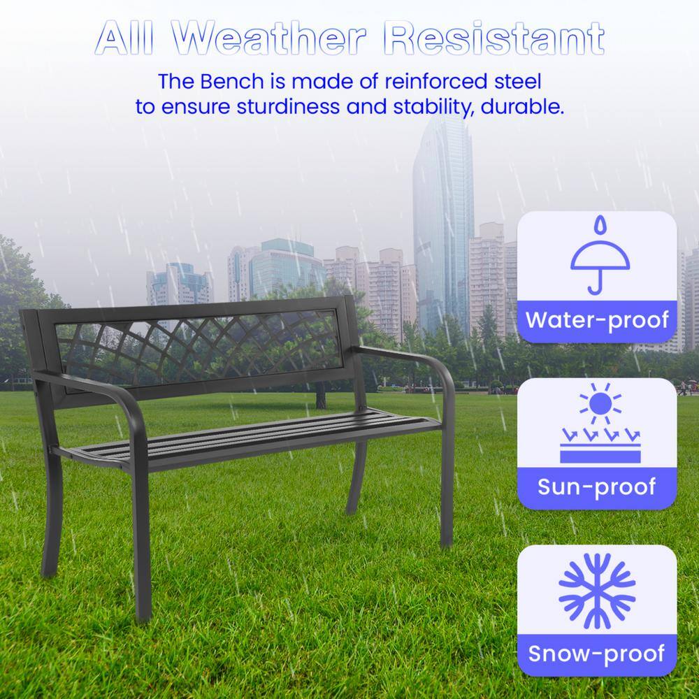 Misty Black Steel Outdoor Bench with Ergonomic Armrests