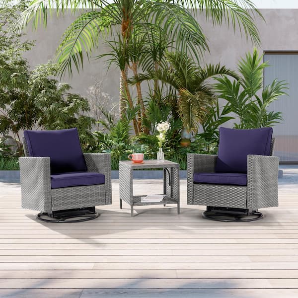JOYESERY 3-Piece Gray Wicker Patio Bistro Set Swivel Rocking Chairs for Outdoor Occasions of Lawn, Navy Blue