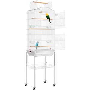 59.8 in. Wrought Iron Bird Cage with Play Top and Rolling Stand in White