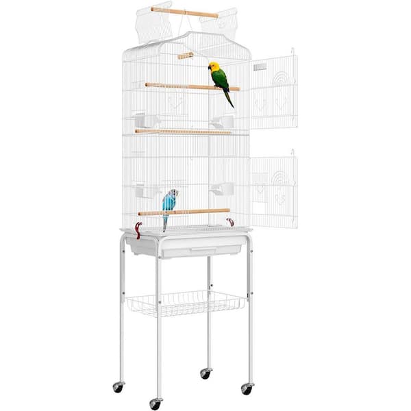 VIVOHOME 59.8 in. Wrought Iron Bird Cage with Play Top and Rolling Stand in White