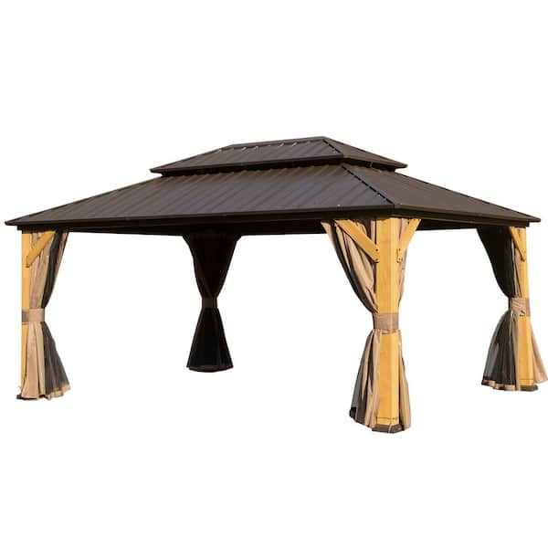 Boosicavelly 12 ft. x 16 ft. Brown Cedar Wood Solid Hardtop Gazebo with Galvanized Steel Double Roof with Netting and Curtains