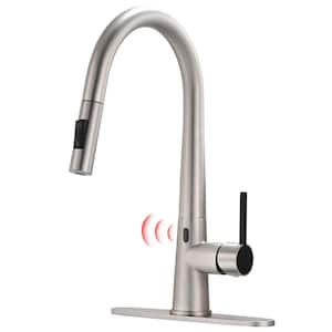 Single Handle Smart Touchless Gooseneck Commercial Pull Down Sprayer Kitchen Faucet with Deckplate in Brushed Nickel