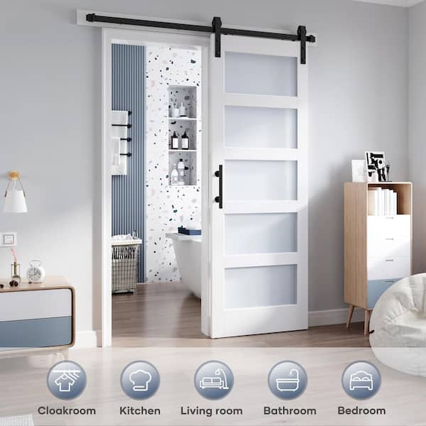 32 in. x 84 in. 5-Lite Tempered Frosted Glass White Finished Solid Core MDF Wood Sliding Barn Door with Hardware Kit
