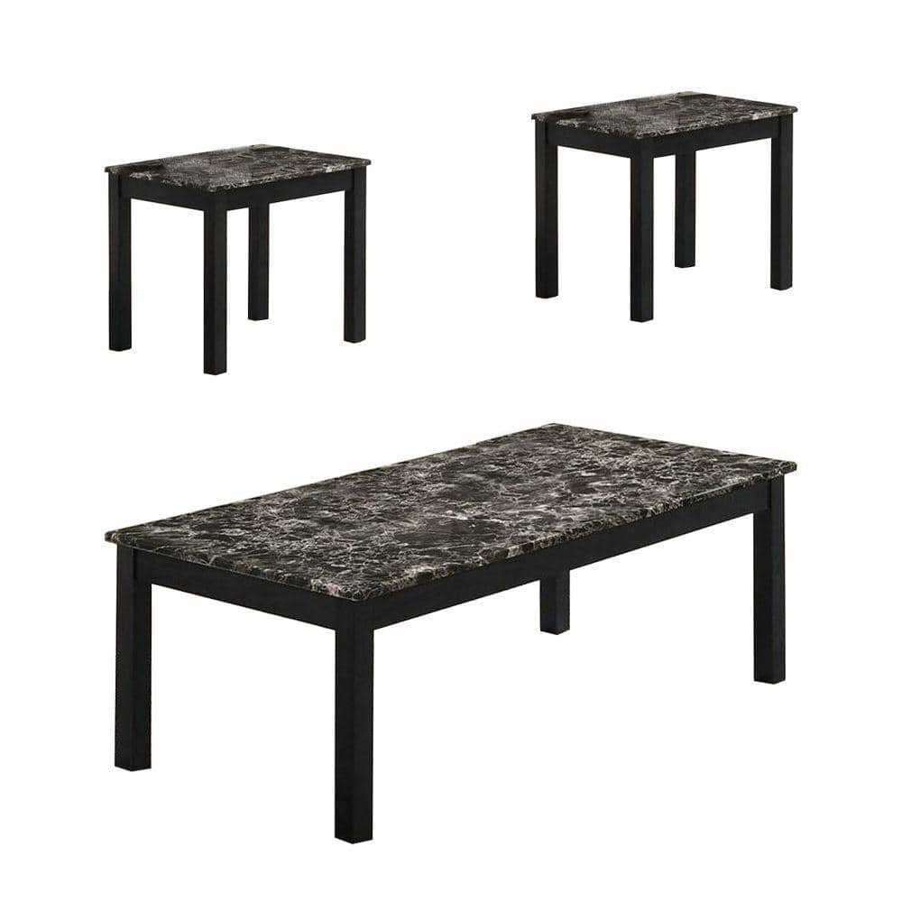 Transitional 3-Piece Faux Marble Coffee and End Table Set - Black