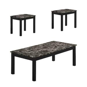 47.2 in. Black Wooden 3 Piece Coffee Table and End Table with Faux Marble Top