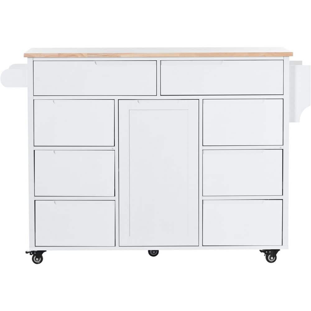 White Wood 53 in. Kitchen Island with 8 Handle-Free Drawers, Adjustable She
