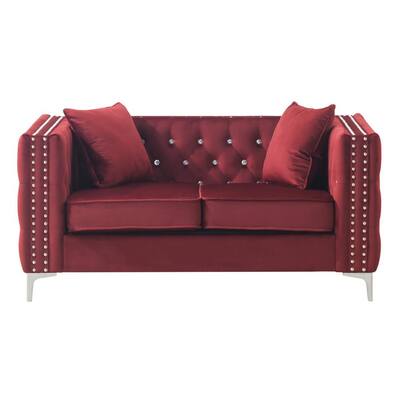 Paige 63 in. Square Arm Velvet Rectangle Tufted Straight Sofa in Red