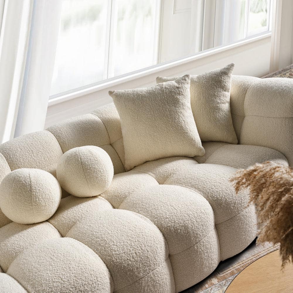 Ivory Boucle Puffy 3-Seater Mid Century Modern Sofa