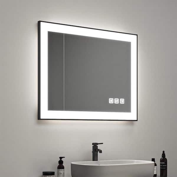 32 in. H x 24 in. W Rectangular Framed LED Anti-Fog Wall Mirror in Black with Backlit and Front Light