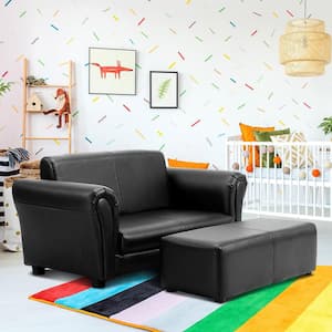 Black Faux Leather Upholstery Kids Arm Chair Kids Sofa Couch Lounge with Ottoman