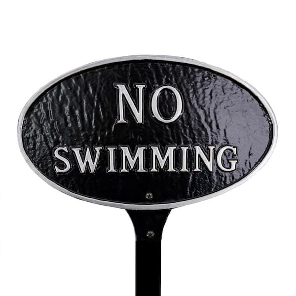 Montague Metal Products 6 in. x 10 in. Small Oval No Swimming Statement Plaque Sign with Lawn Stake - Black/Silver