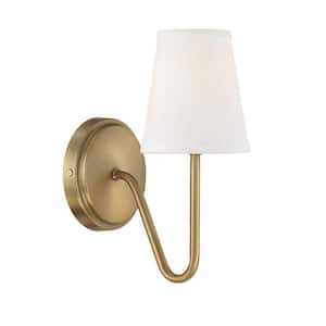 Meridian 4.75 in. W x 11.25 in. H 1-Light Natural Brass Wall Sconce with White Fabric Shade