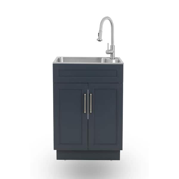24 in. Drop-in Stainless Steel Laundry Sink with Cabinet Ready to Assemble in Blue with Pull-Down Faucet