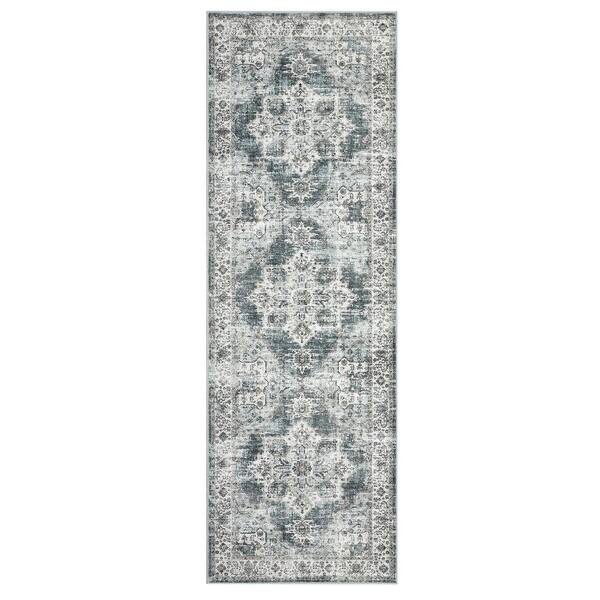 Ultra-Thin Washable Vintage Floral Rug Soft Non-Slip for Bedroom Living Room Office Green，2X6ft