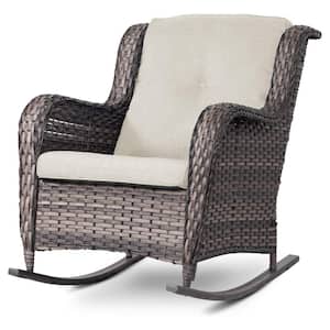 Wicker Outdoor Rocking Chair All-Weather Patio Yard Furniture Club Rocker Chair with Beige Cushions
