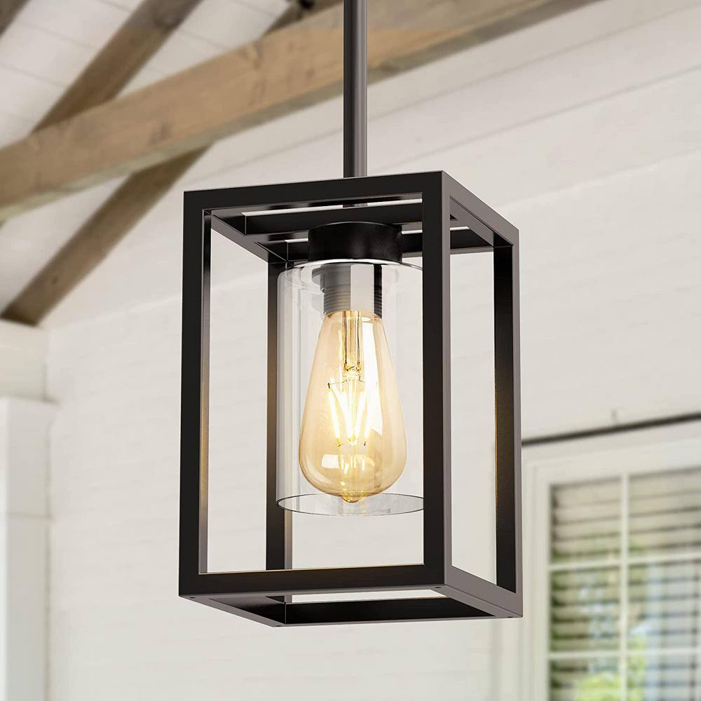 YANSUN 1-Light Farmhouse Black Kitchen Island Pendant Light, Industrial Lantern Chandelier Lighting for Dinning Room Hallway