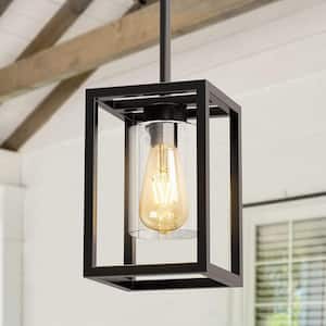 1-Light Black Modern Kitchen Island Pendant with Down Rod Hanging Light Fixture for Dining Room with Clear Glass Shade