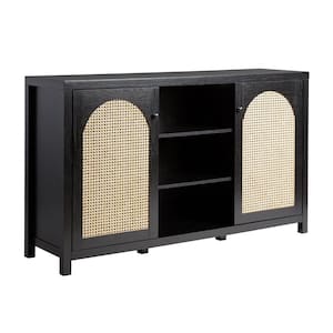 Modern Black Wood 58 in. Sideboard with Arched Rattan Panels