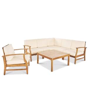 Lilian Teak Finished 7-Piece Wood Outdoor Sectional Set with Cream Cushions